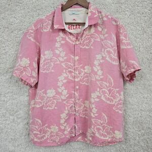 Tommy Bahama Shirt Mens XXL Pink Floral Linen Blend Hawaiian Camp Short Sleeve